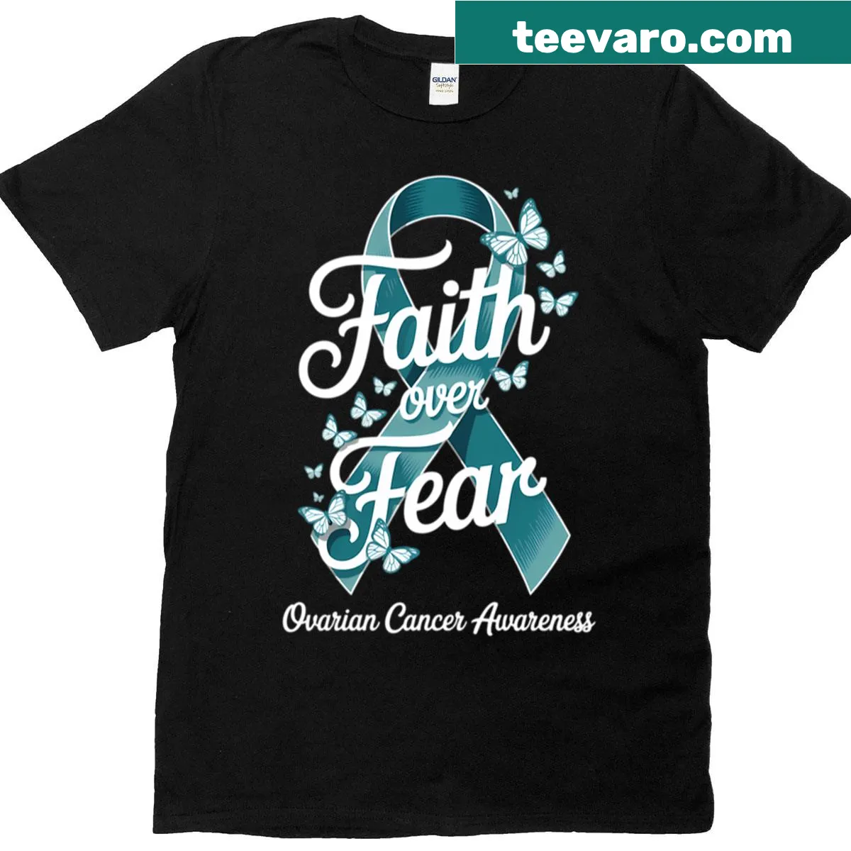 Butterfly-themed T-shirt promoting ovarian cancer awareness — on a men's t-shirt