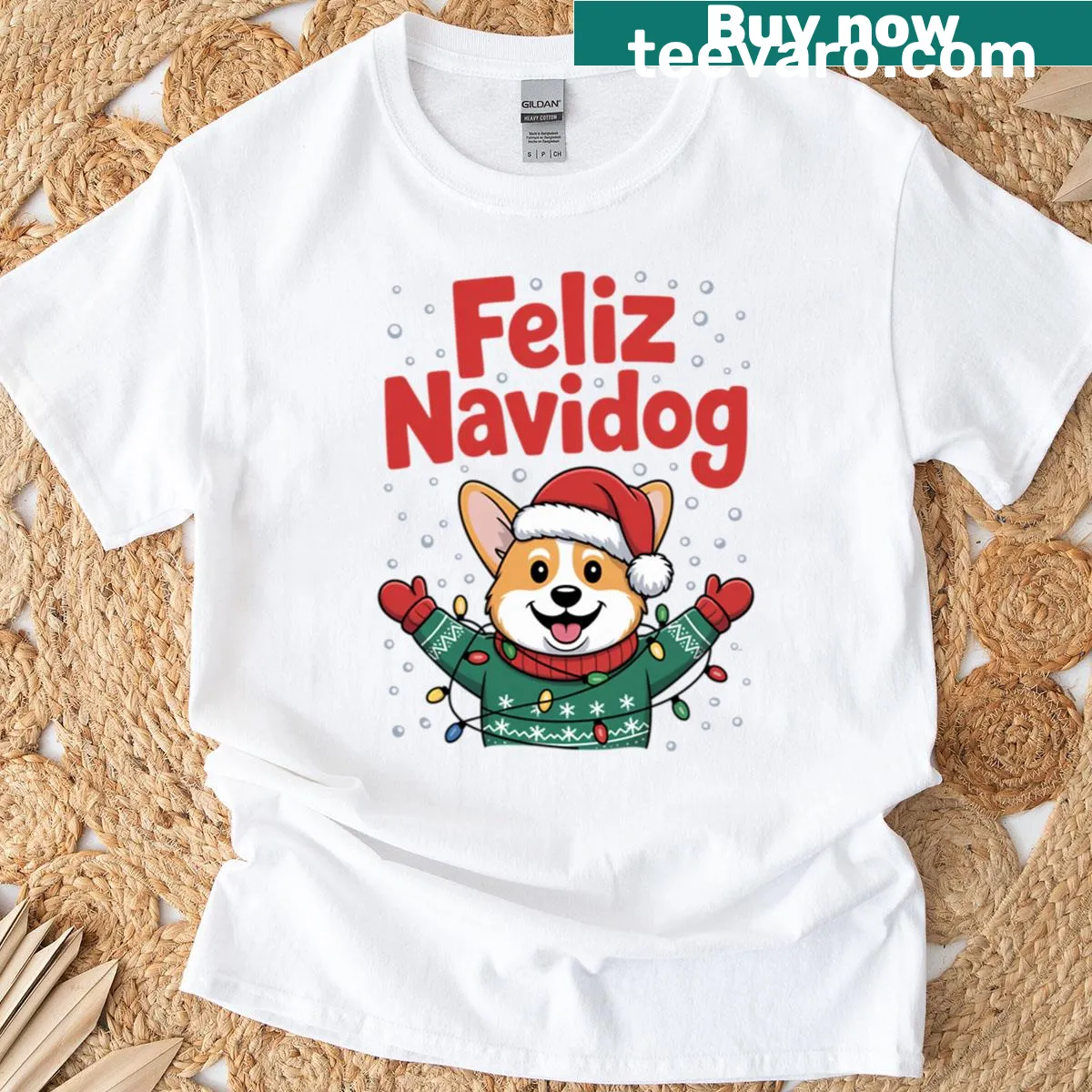 Cute Corgi Christmas t-shirt with festive illustration and text — on a men's t-shirt