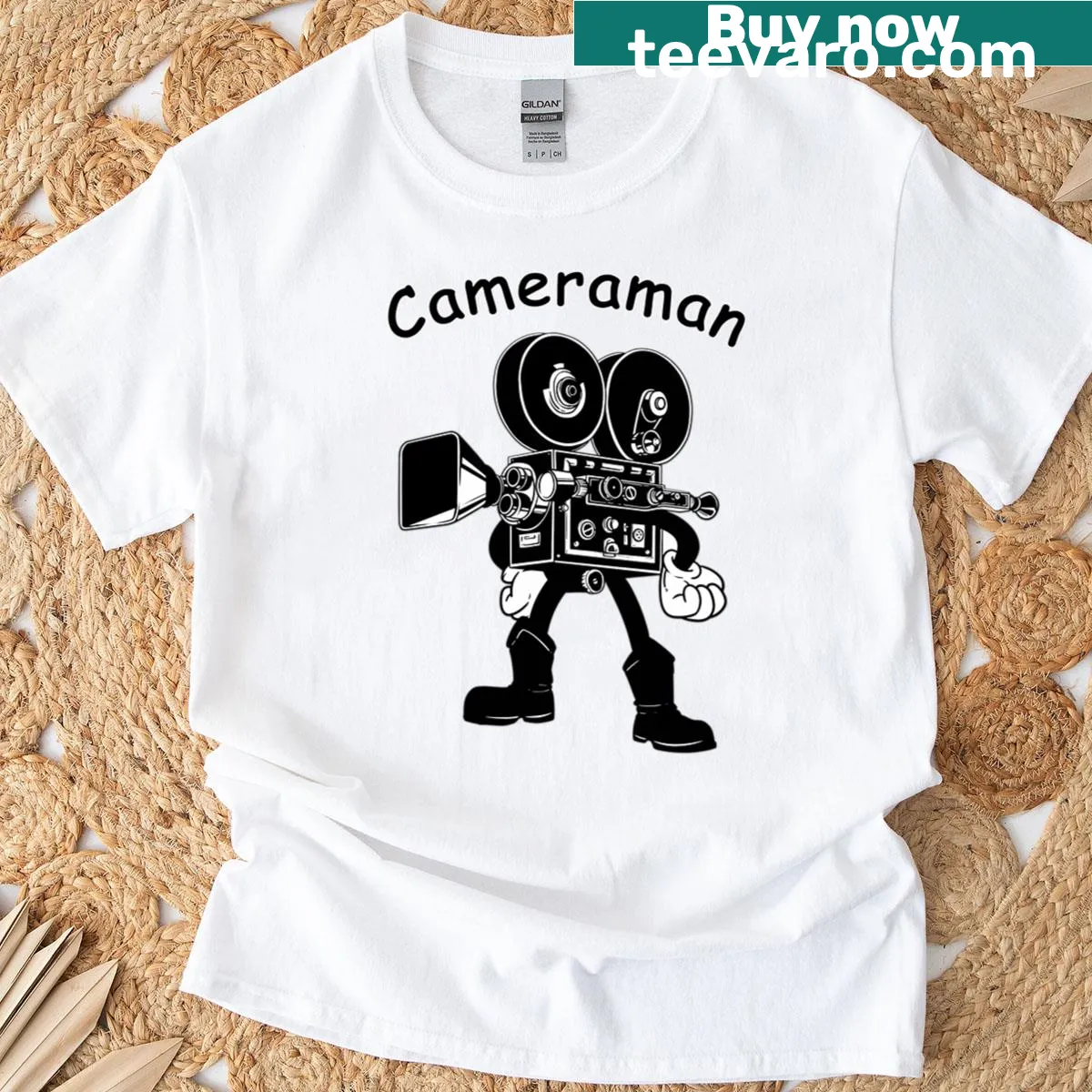 Vintage distressed T-shirt featuring a classic camera — on a men's t-shirt