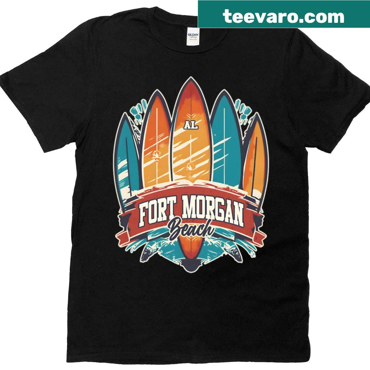 Illustrative beach t-shirt with five surfboards design — on a men's t-shirt