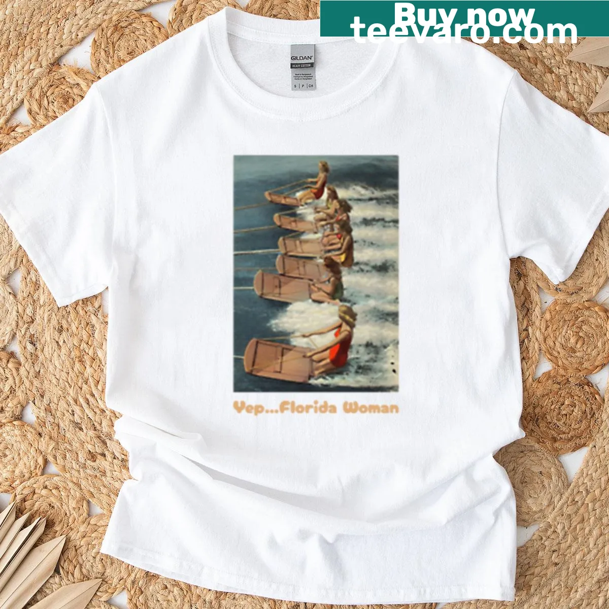Illustration of a woman waterskiing, celebrating adventure and fun — on a men's t-shirt