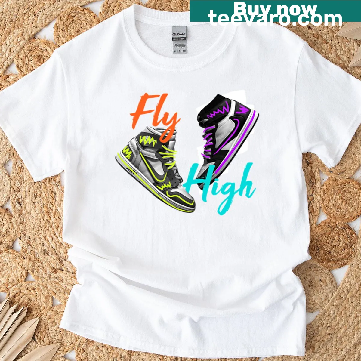 Retro neon art T-shirt featuring high-top sneakers — on a men's t-shirt