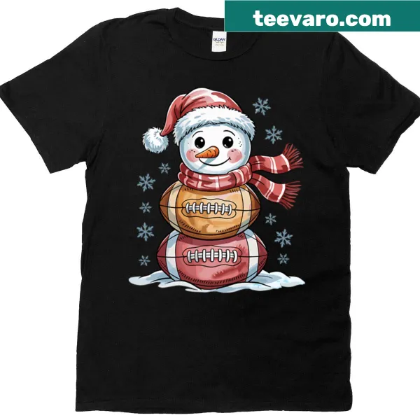 Cute snowman in football gear t-shirt for the holiday season