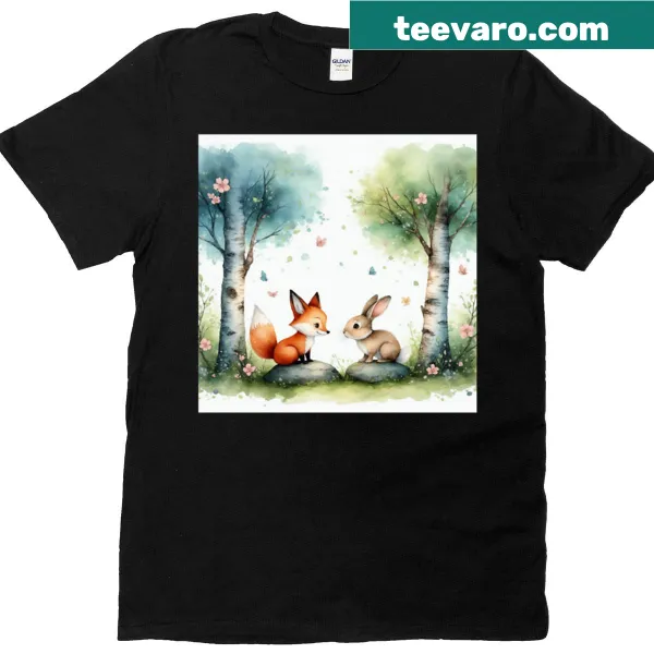 T-shirt depicting a fox and rabbit among willow trees in a serene design