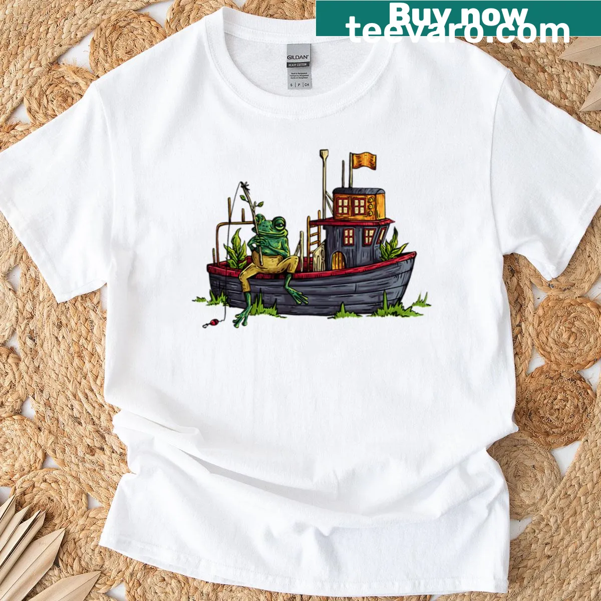Playful T-shirt with a frog fishing illustration — on a men's t-shirt