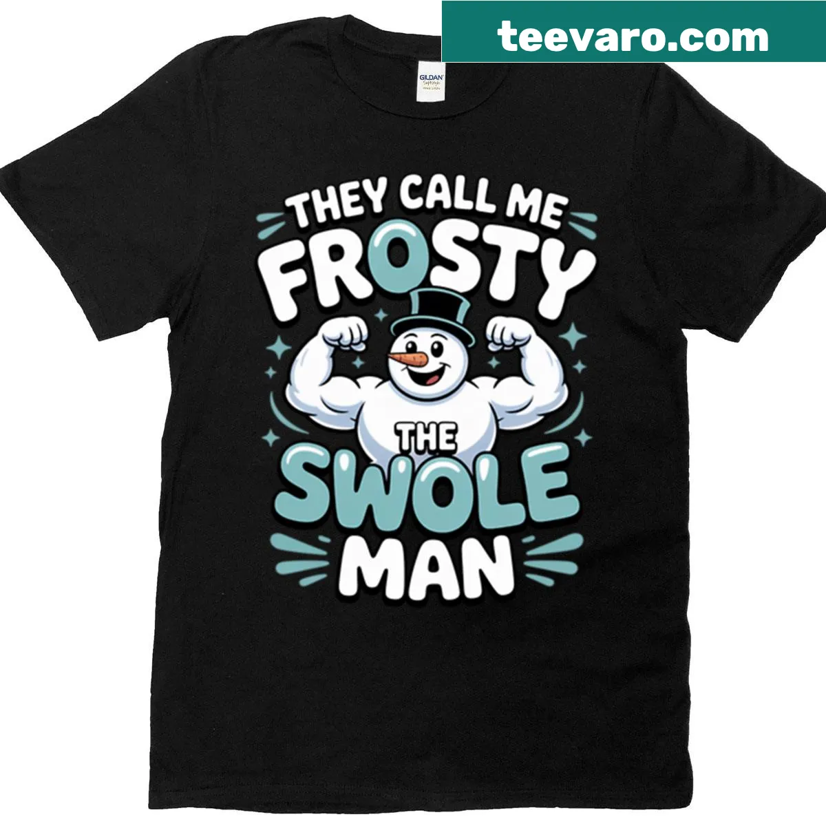 Humorous Christmas gym t-shirt with Frosty the Swole Man graphic — on a men's t-shirt
