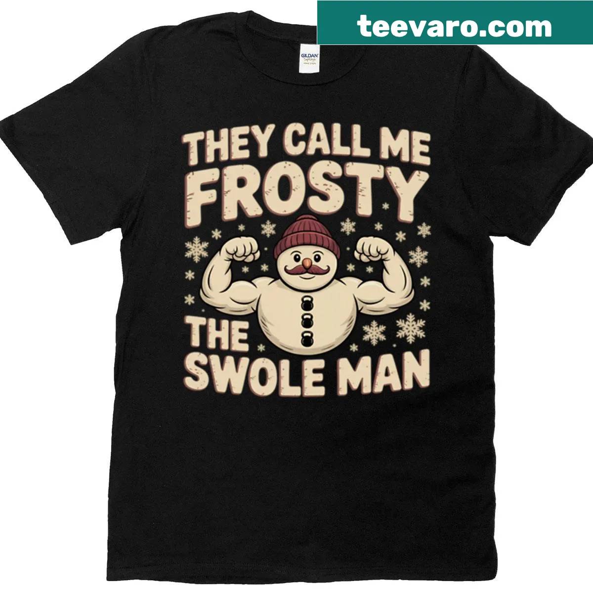 Funny gym Christmas t-shirt featuring Frosty The Swole Man — on a men's t-shirt