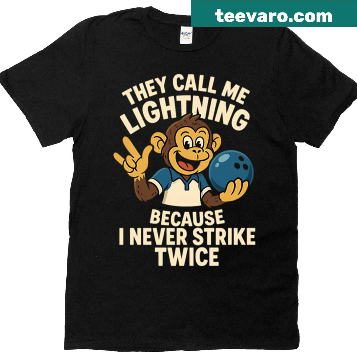 Cartoon monkey bowling with 'They Call Me Lightning' text T-shirt — on a men's t-shirt