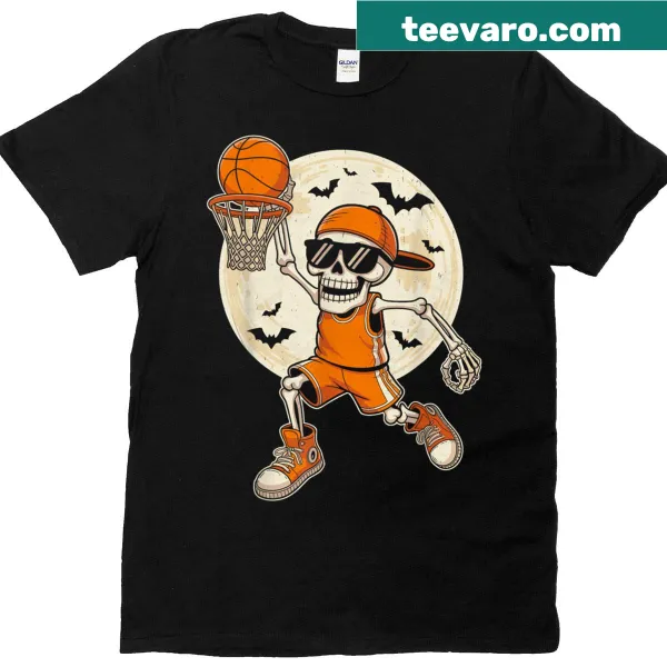 T-shirt featuring a cartoon skeleton basketball player for Halloween