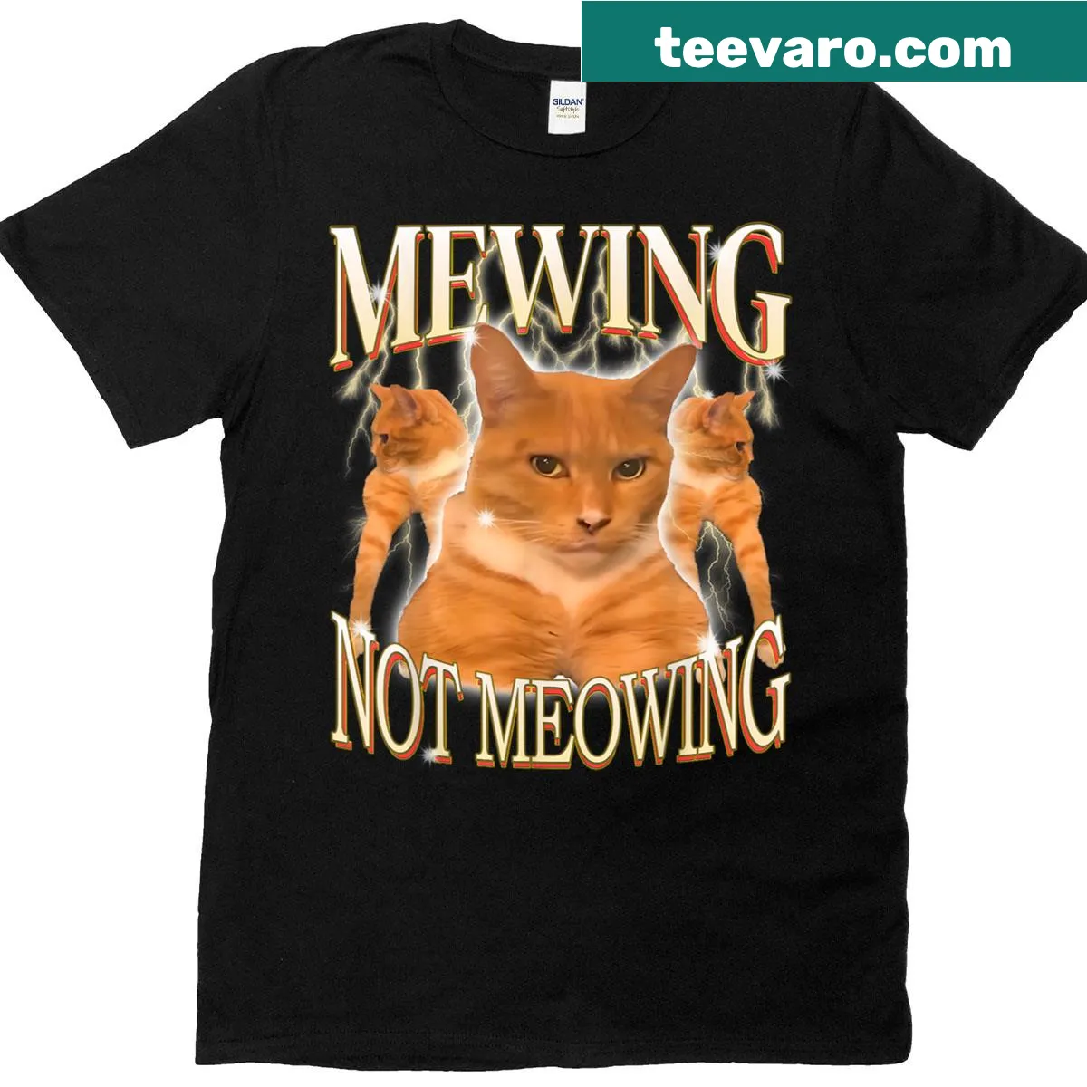 Playful T-shirt with a cat meme about mewing versus meowing — on a men's t-shirt