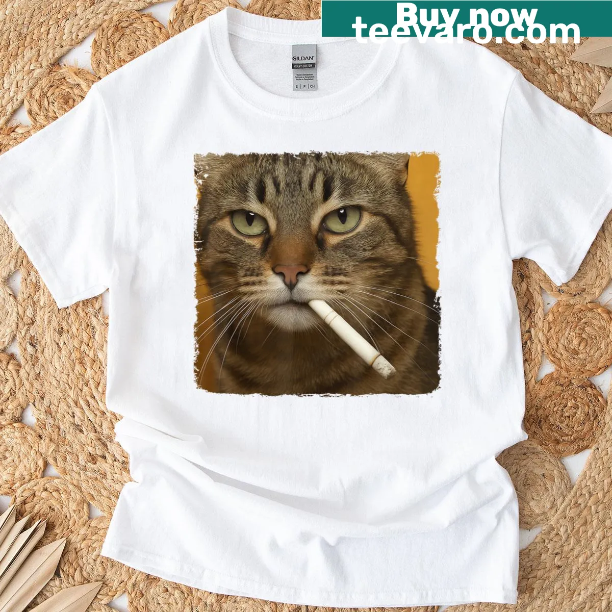 Graphic tee featuring a humorously illustrated smoking cat — on a men's t-shirt