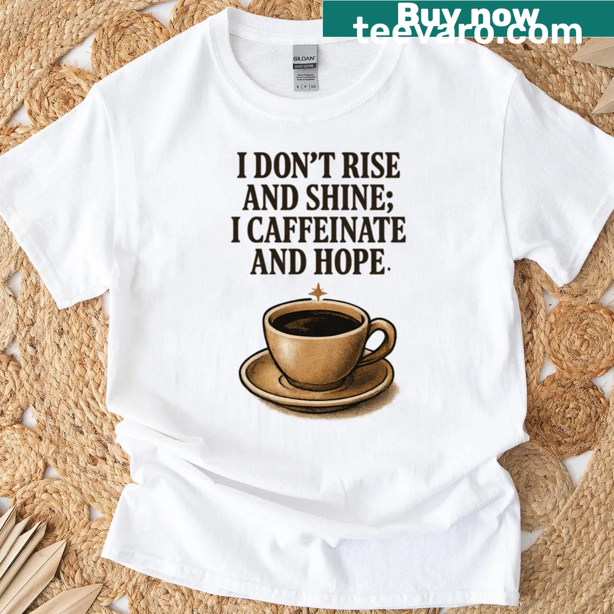 Humorous T-shirt with coffee quote 'Caffeinate and Hope' — on a men's t-shirt