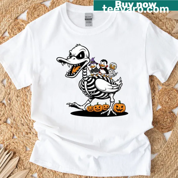Halloween t-shirt with a duck skeleton, mummy, and witch graphic