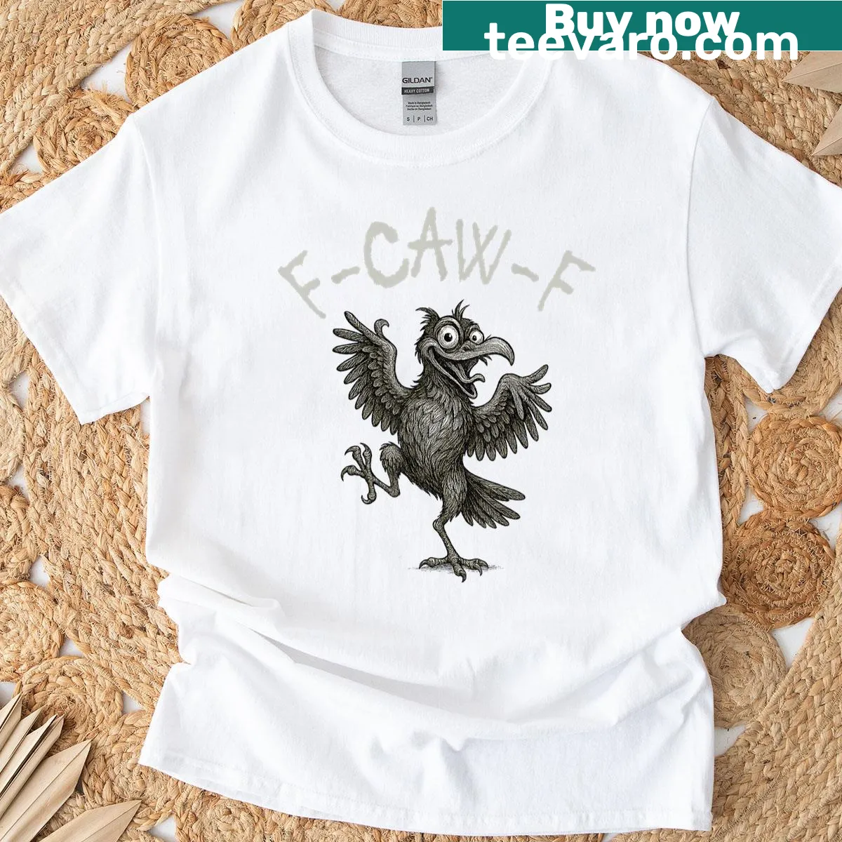 Cartoon T-shirt with a humorous F-caw-f crow graphic — on a men's t-shirt