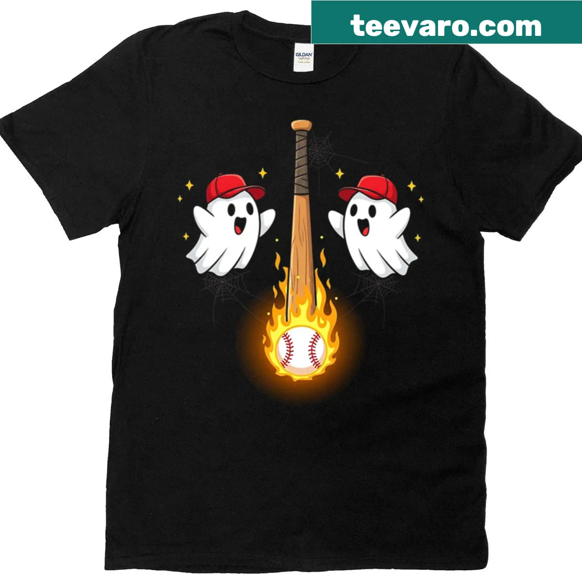 Graphic T-shirt featuring two ghosts playing baseball with a flaming ball — on a men's t-shirt