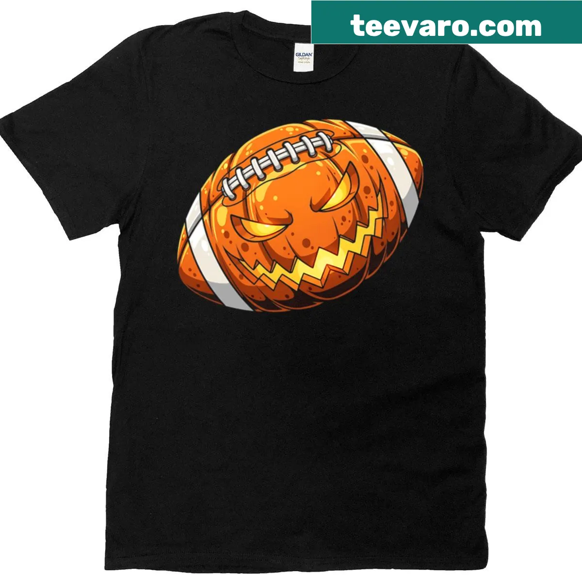 Cartoon Halloween Jack O' Lantern football player t-shirt — on a men's t-shirt