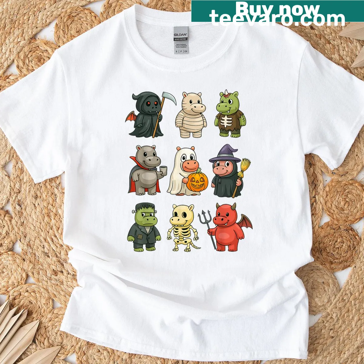 Humorous Halloween design featuring a hippo as a ghost, witch, and zombie — on a men's t-shirt