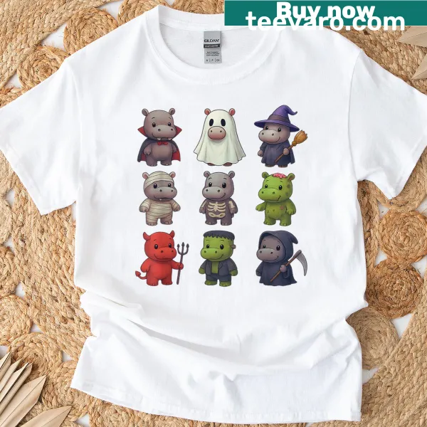 Cartoon hippo witch Halloween t-shirt with various spooky characters
