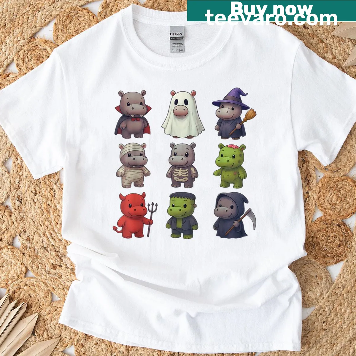 Cartoon hippo witch Halloween t-shirt with various spooky characters — on a men's t-shirt