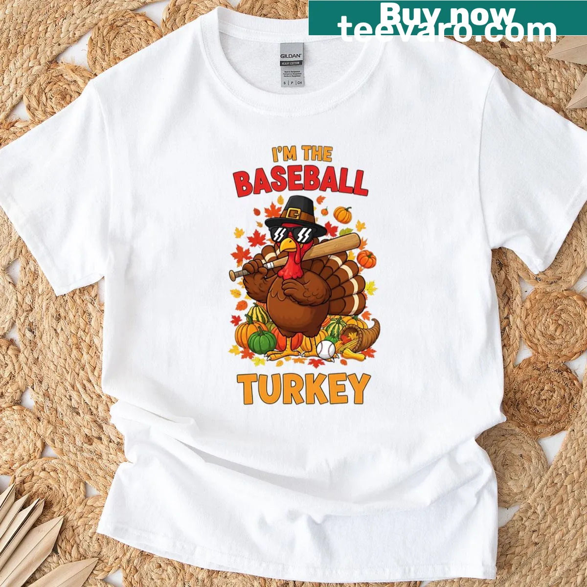 Funny Thanksgiving shirt with a turkey playing baseball. — on a men's t-shirt