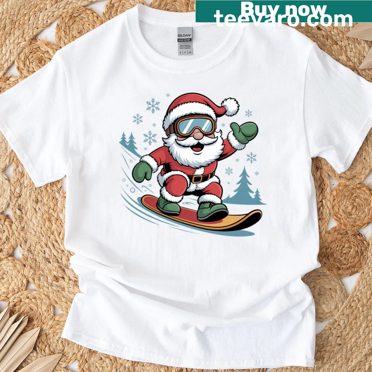 Santa Claus snowboarding in a festive design for Christmas — on a men's t-shirt