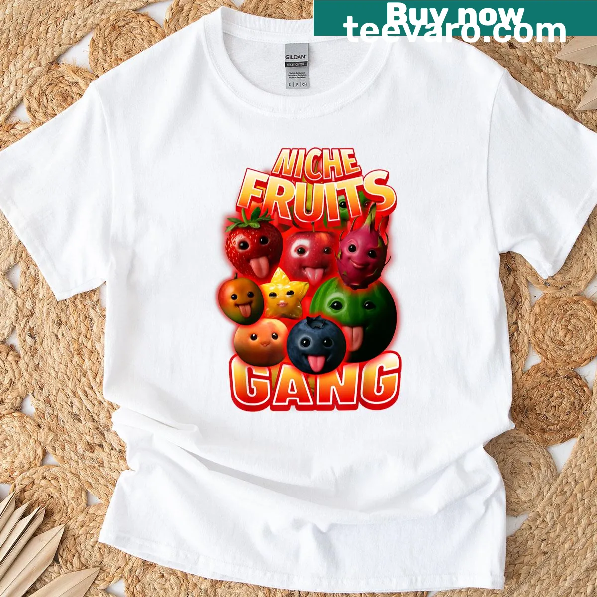 T-shirt with a humorous graphic of silly AI-generated fruits — on a men's t-shirt
