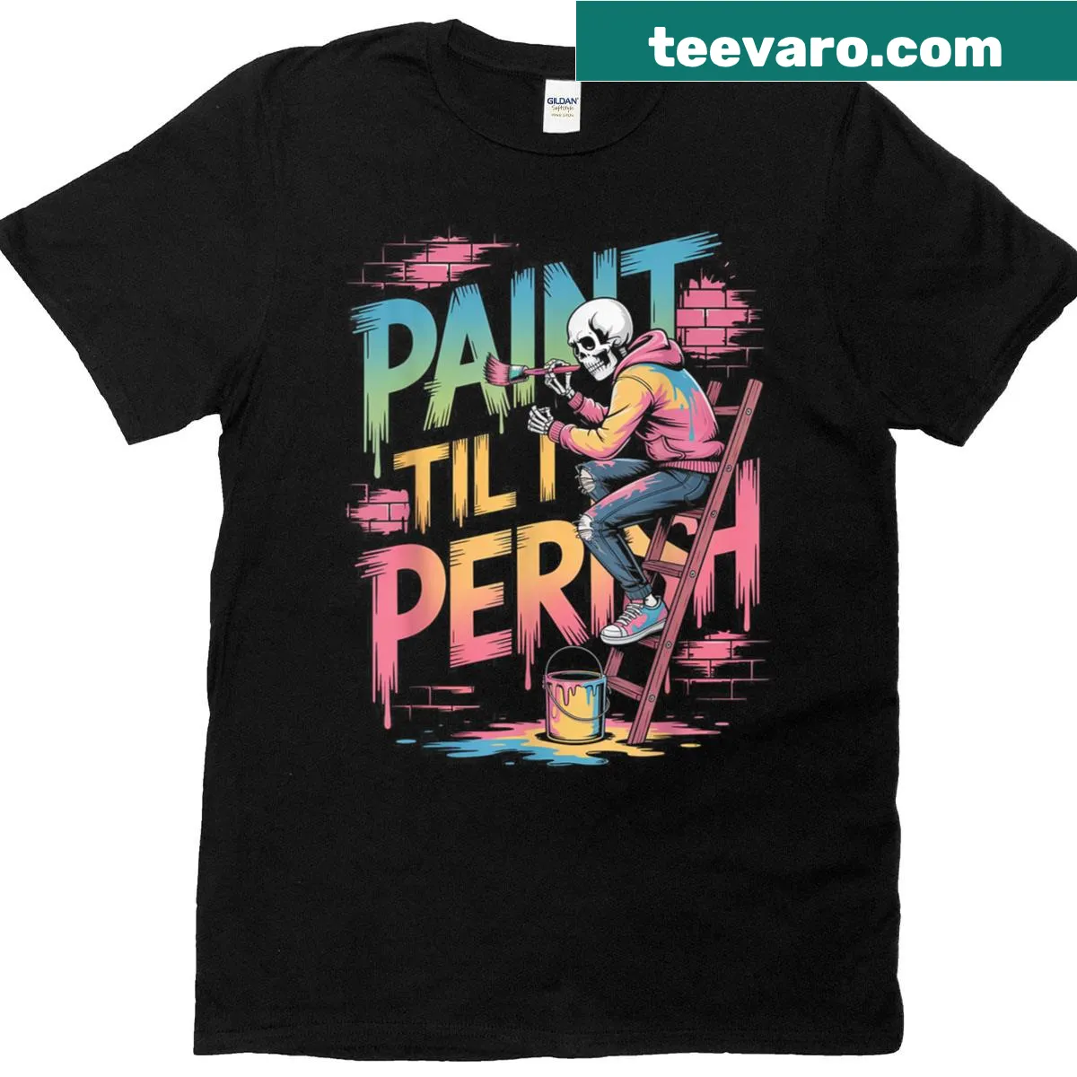 Funny skeleton painter Halloween T-shirt — on a men's t-shirt