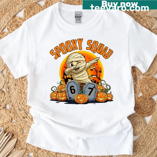 Whimsical mummy graphic with 'Spooky Squad 67' text for Halloween