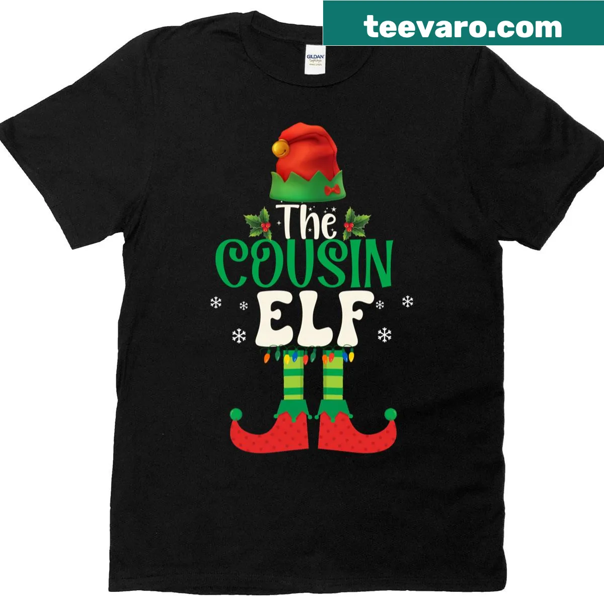Matching family Christmas t-shirt featuring whimsical elf graphic — on a men's t-shirt