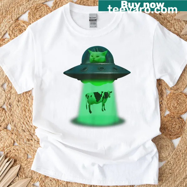 UFO-themed t-shirt featuring a cat and cow duo in a humorous design