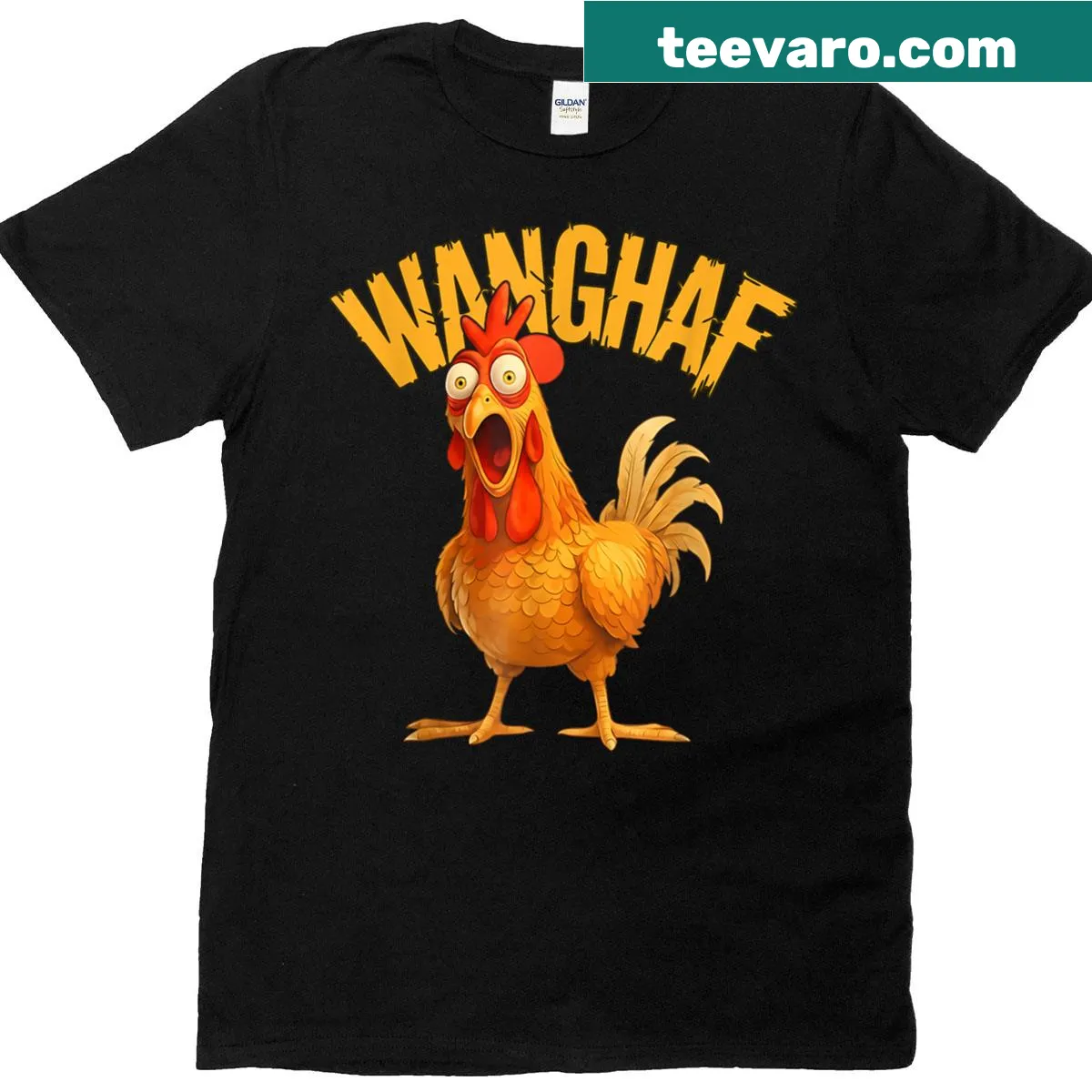 Wanghaf chicken meme t-shirt featuring humorous rooster graphic — on a men's t-shirt