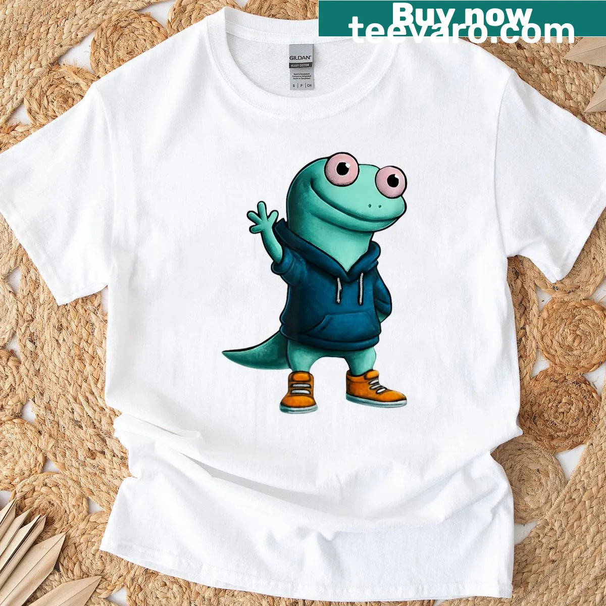 Cartoon lizard graphic inspired by weirdcore memes — on a men's t-shirt