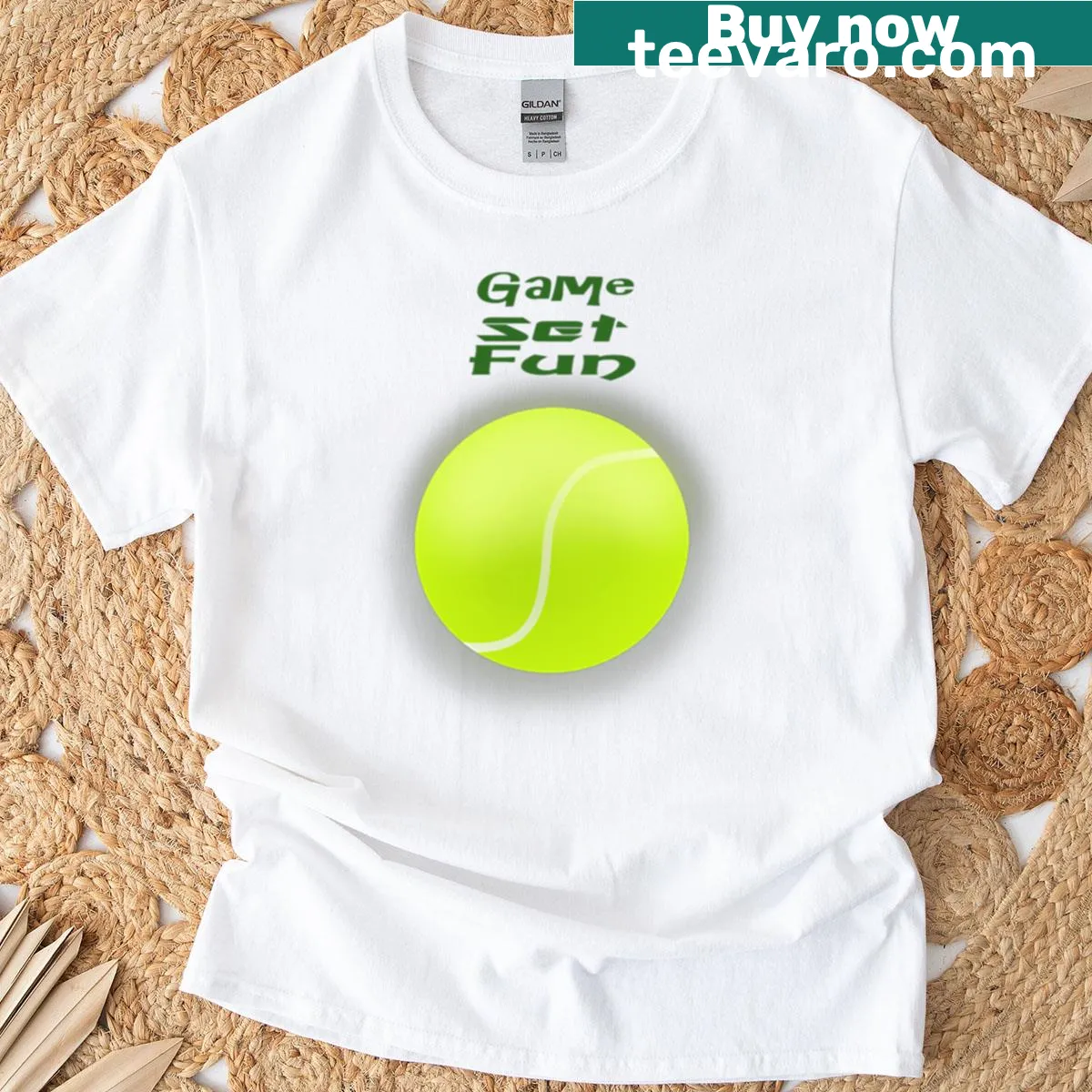 Playful tennis-themed t-shirt with humorous typography — on a men's t-shirt