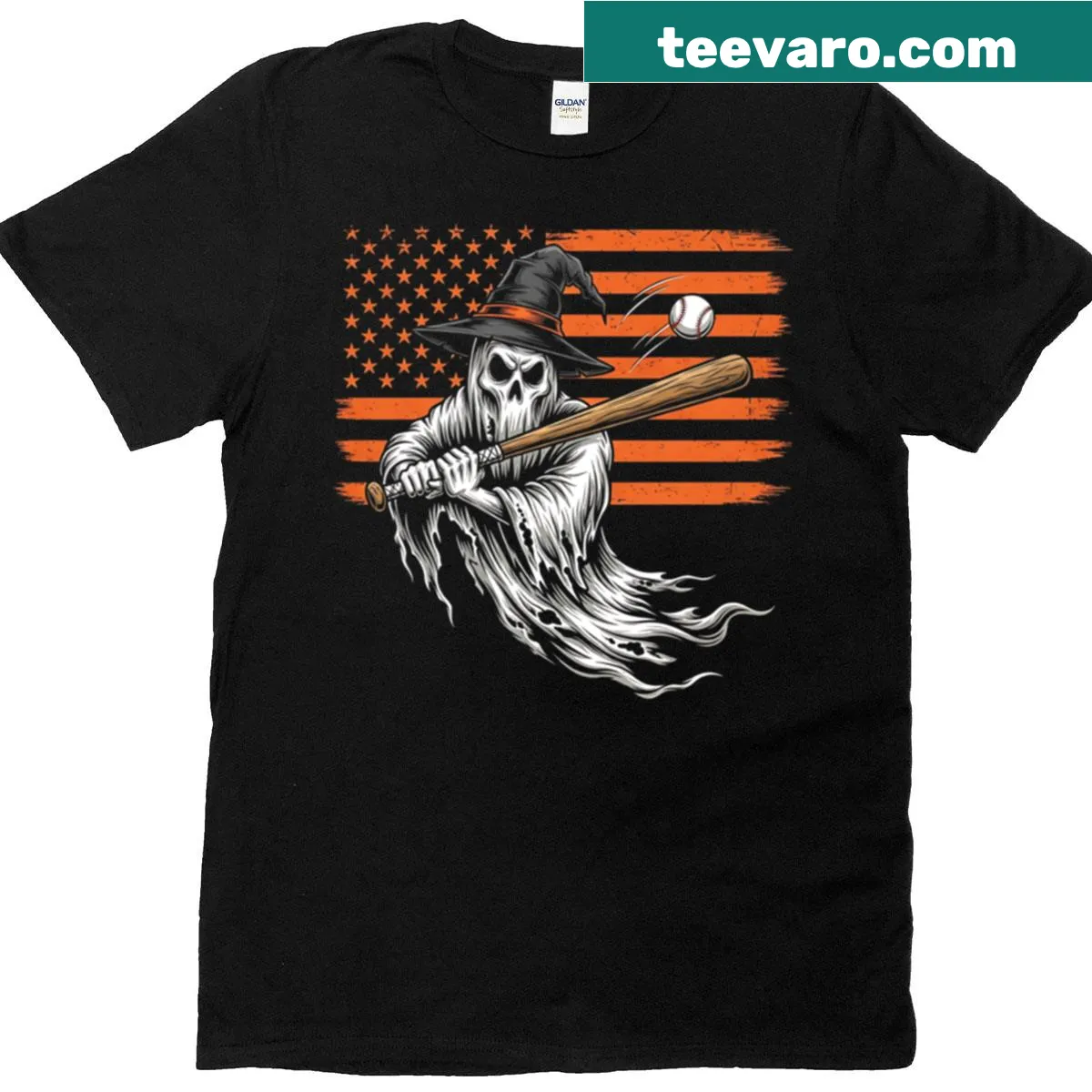 Vintage ghost baseball Halloween t-shirt with American flag design — on a men's t-shirt