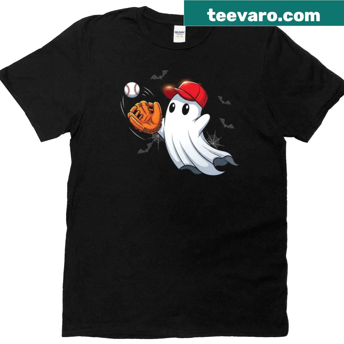 Ghost baseball pitcher t-shirt designed for kids with a cartoon ghost and baseball gear — on a men's t-shirt