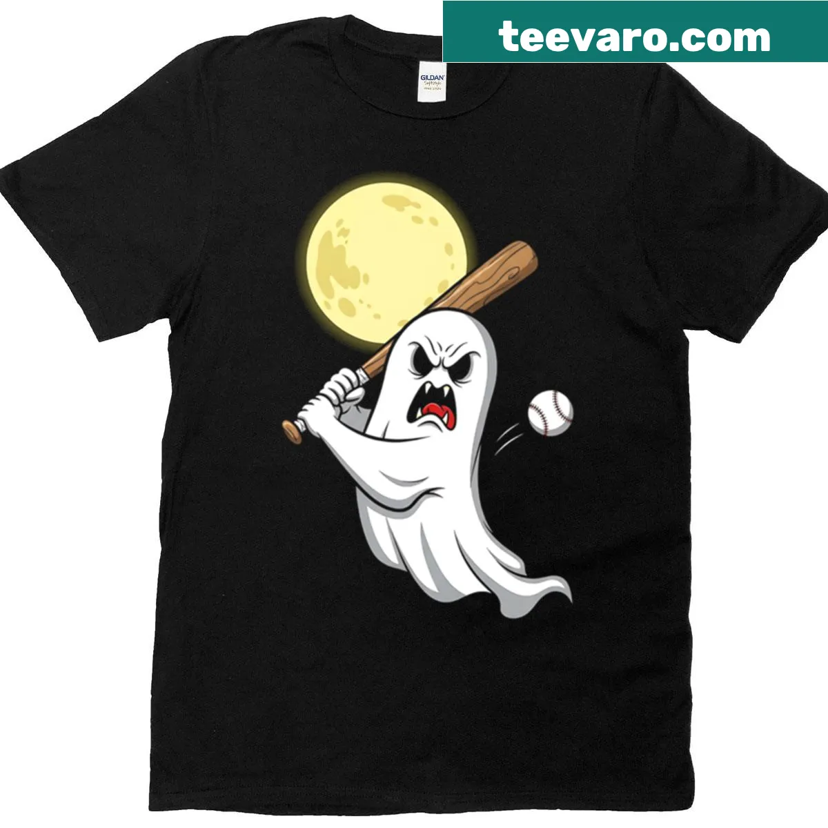 Cute ghost baseball player t-shirt designed for kids in Halloween theme — on a men's t-shirt
