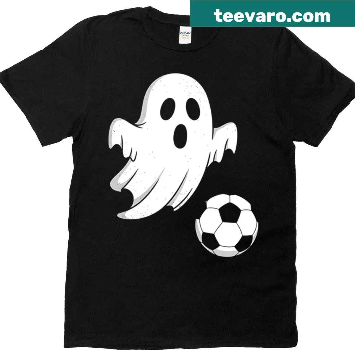 Funny ghost playing soccer Halloween T-shirt with cartoon graphic — on a men's t-shirt