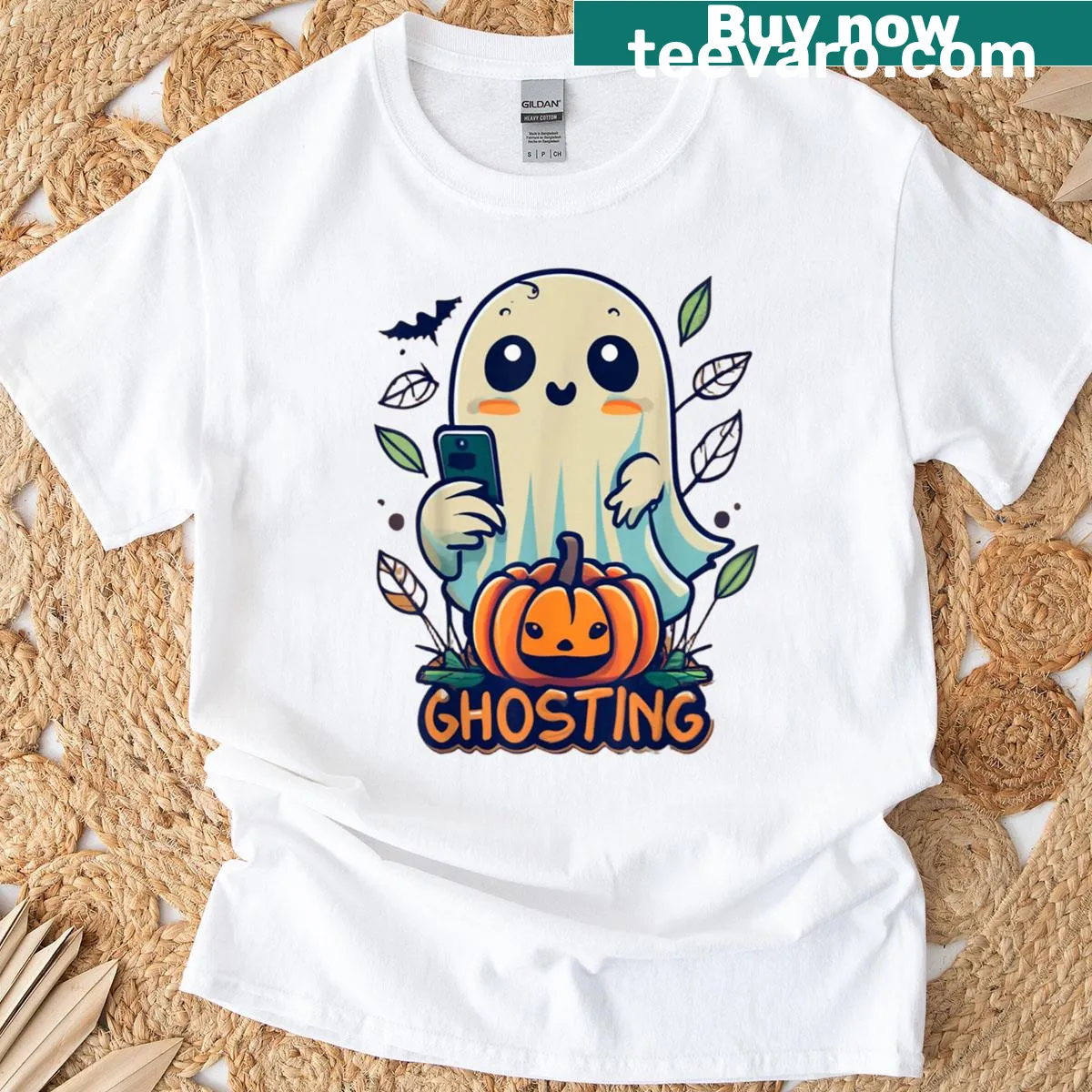 Funny Halloween t-shirt featuring a ghosting theme with playful text. — on a men's t-shirt