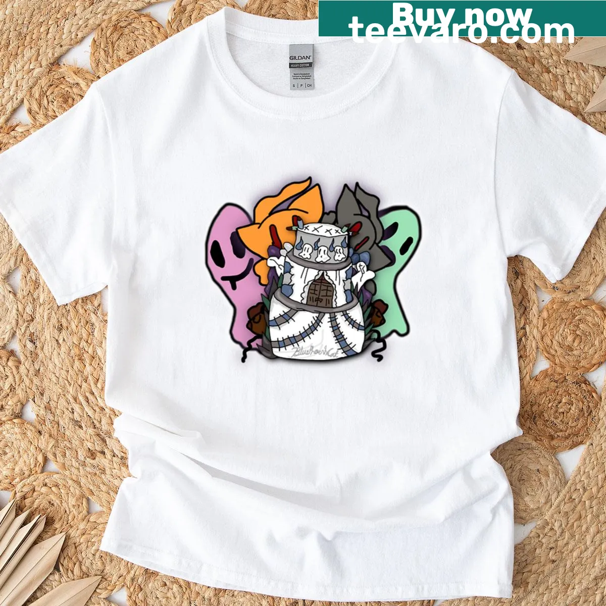 Cute Halloween T-shirt with ghost and cake graphic — on a men's t-shirt