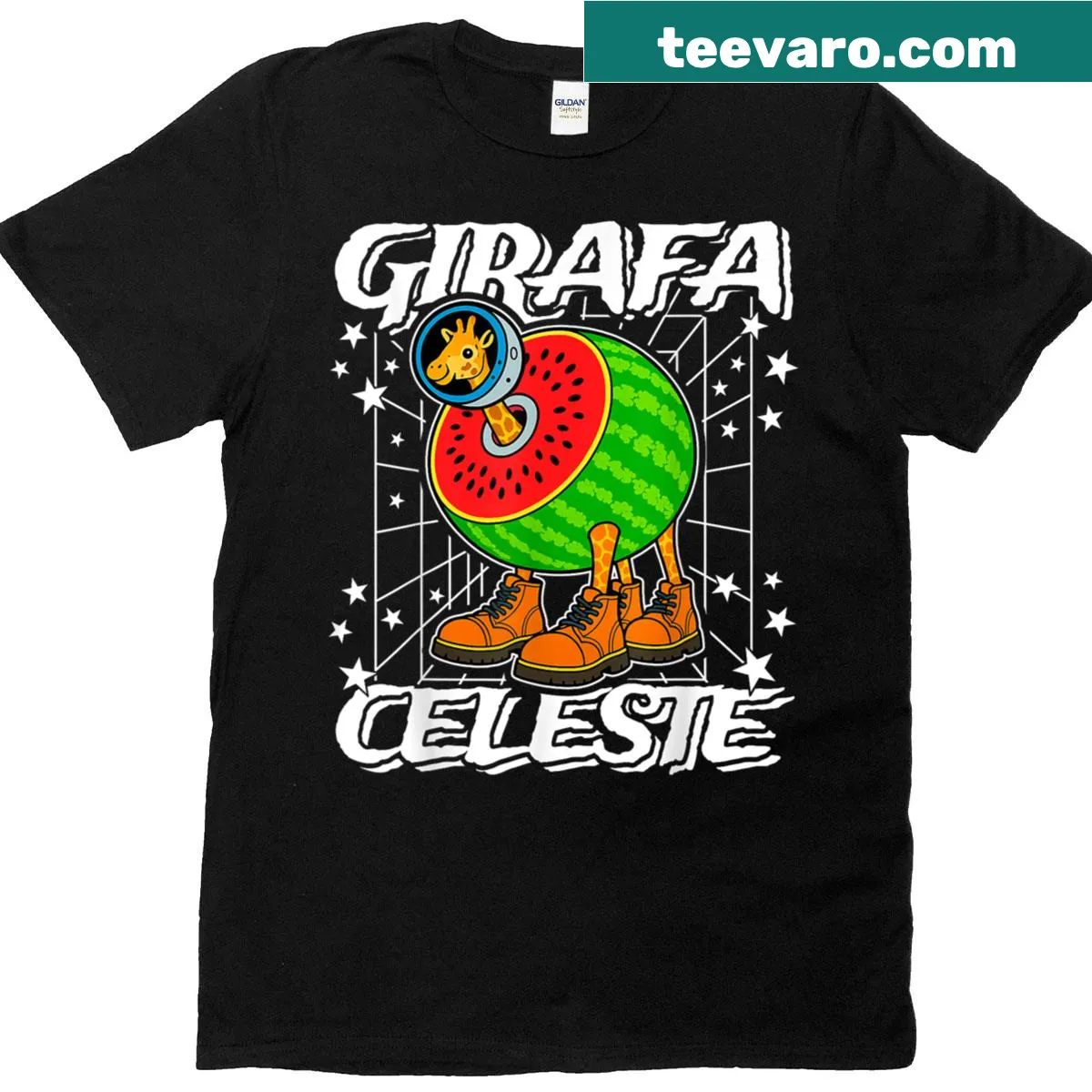 Funny T-shirt with a giraffe and watermelon illustration — on a men's t-shirt
