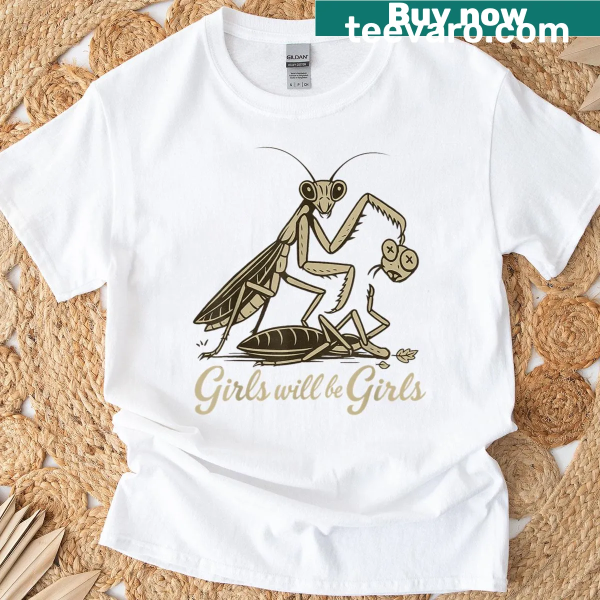 Cute illustration of a girl and a praying mantis on a T-shirt — on a men's t-shirt