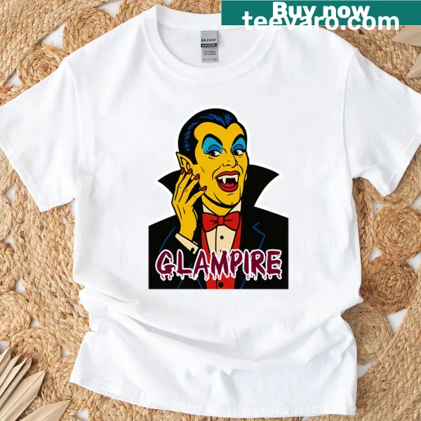Campy male vampire illustration on horror-themed T-shirt