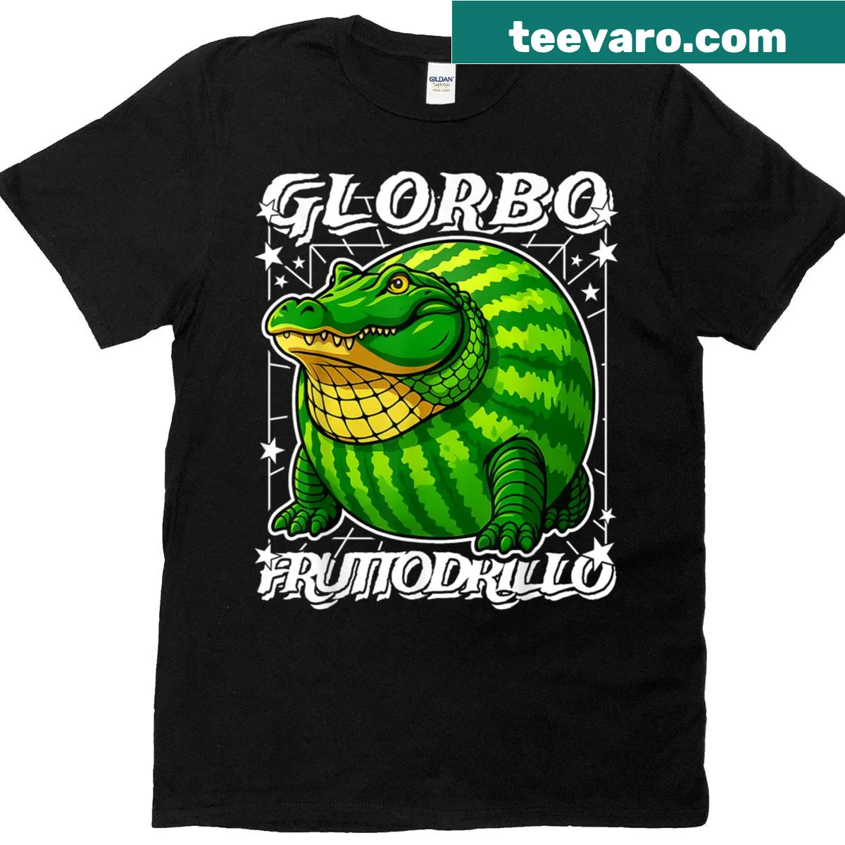 Crocodile and watermelon graphic T-shirt featuring Glorbo-fruttodrillo theme — on a men's t-shirt