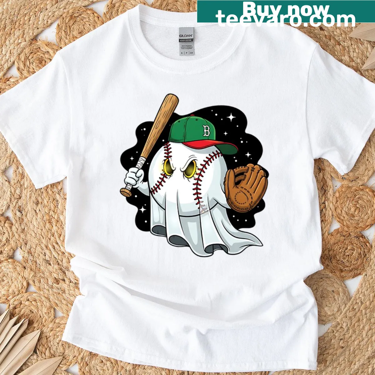 Illustration of a ghost swinging a baseball bat for Halloween — on a men's t-shirt