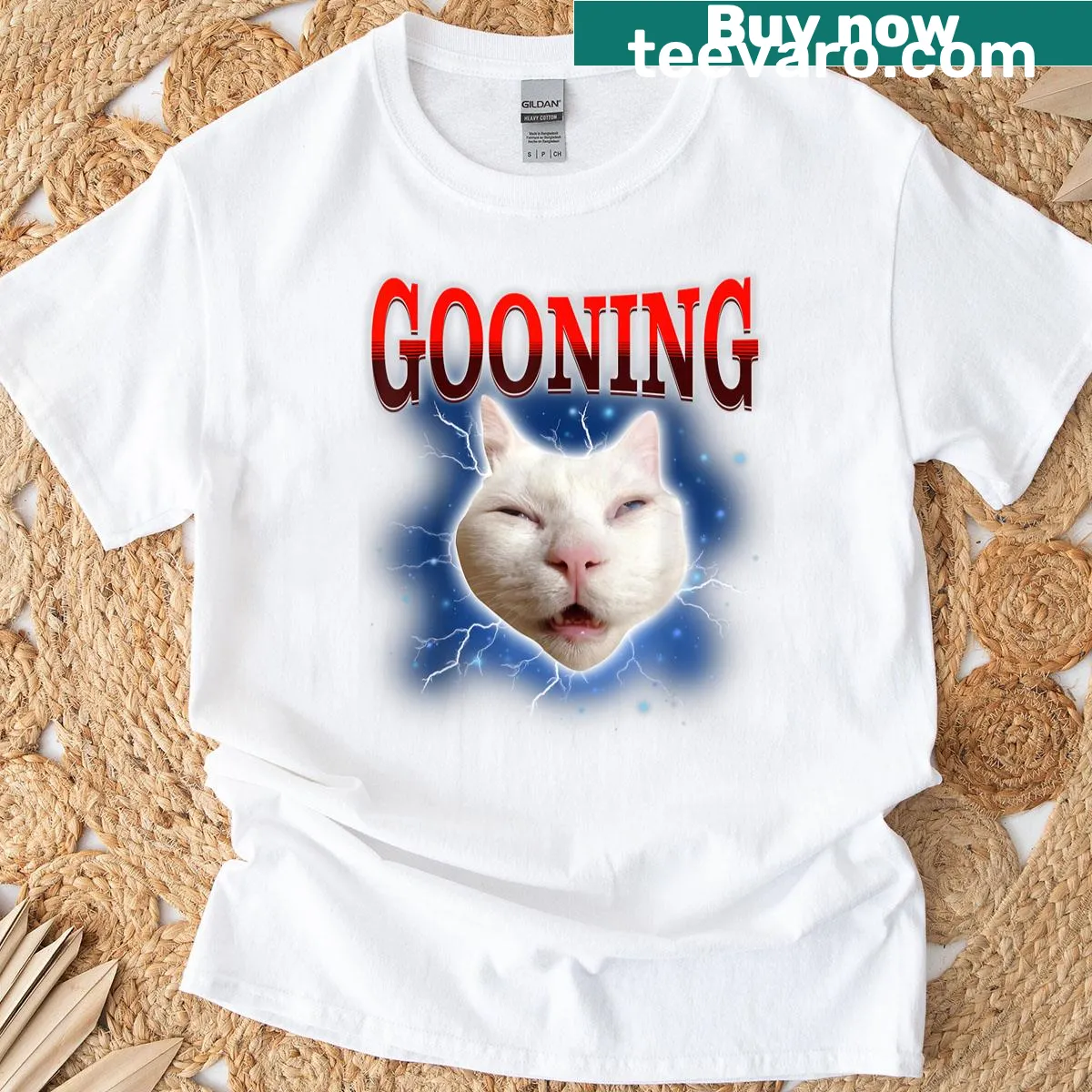 Cartoon gooning cat illustration on a humorous T-shirt — on a men's t-shirt