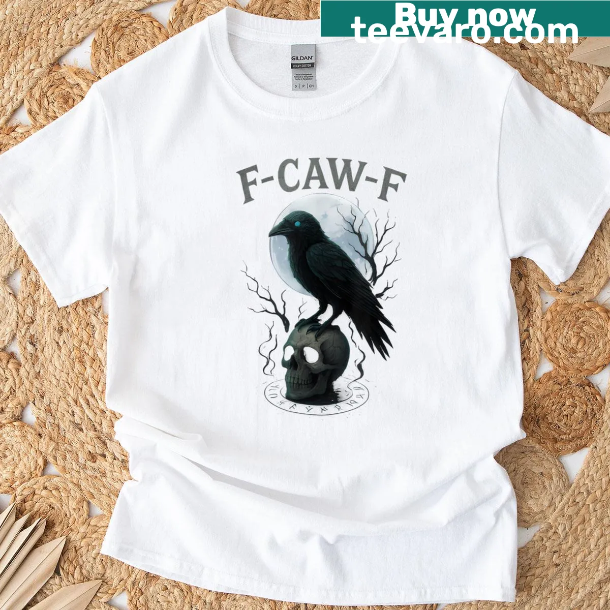 Gothic t-shirt featuring a black crow and skull illustration — on a men's t-shirt