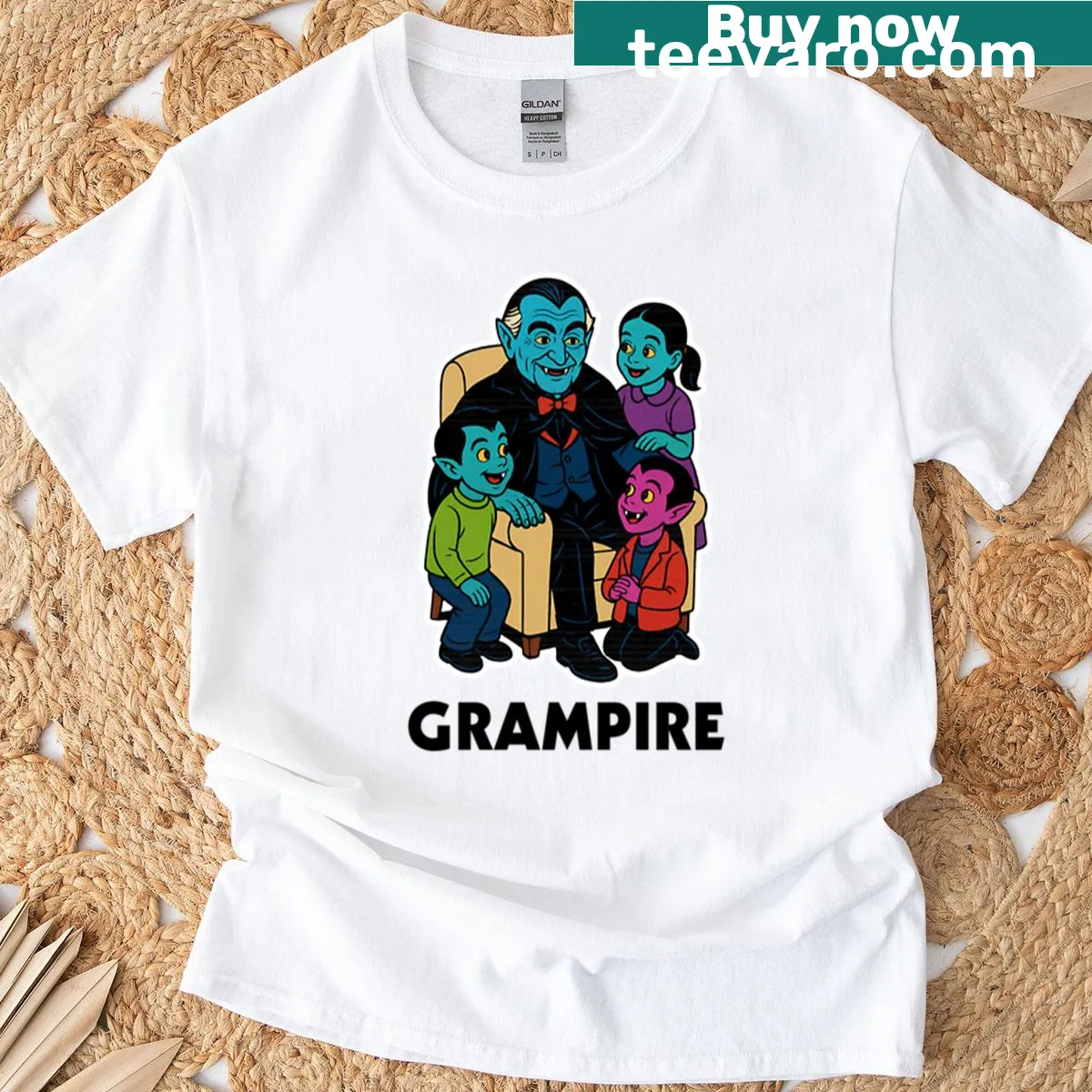 Funny grandpa vampire t-shirt with kids cartoon illustration — on a men's t-shirt