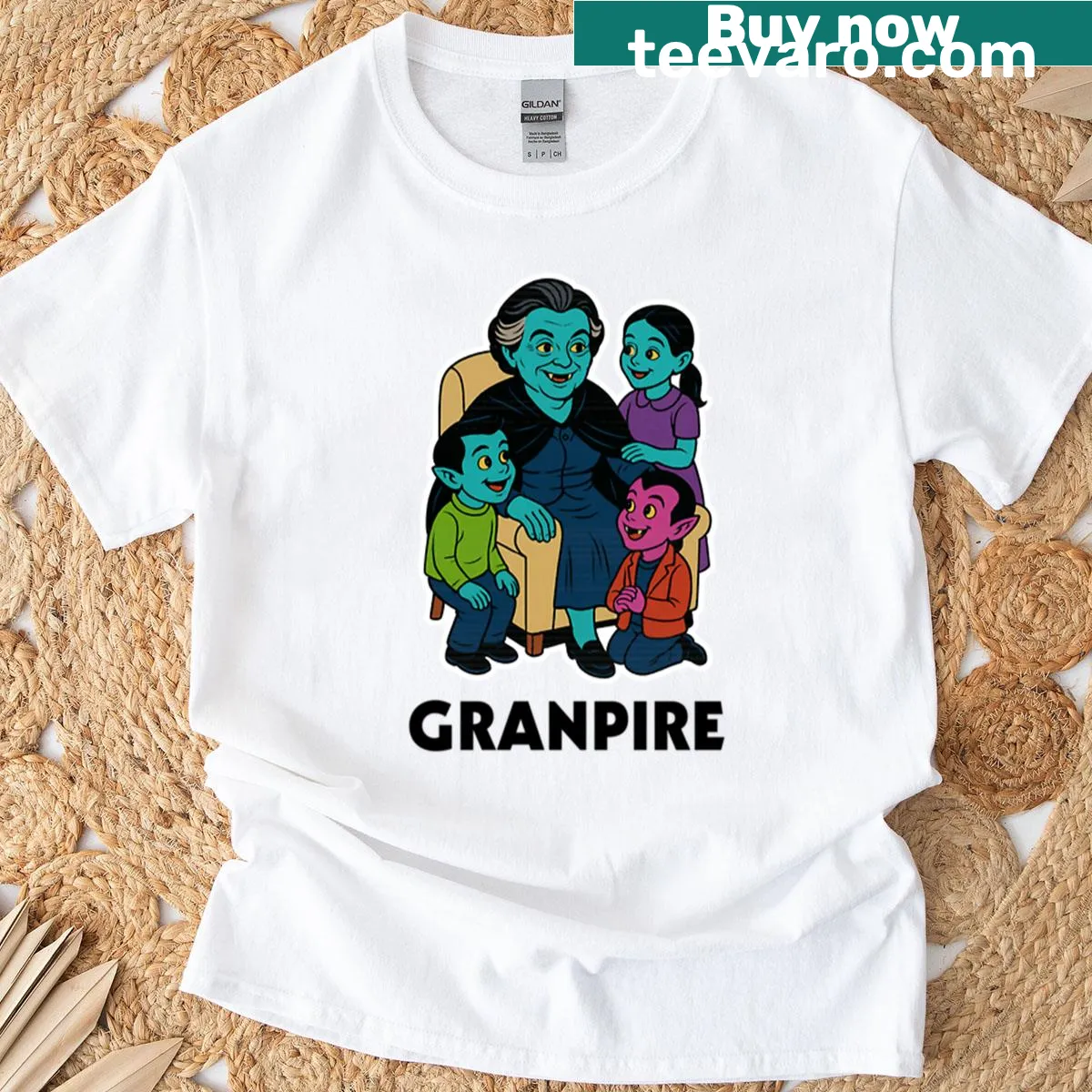 Funny cartoon T-shirt featuring a grandma vampire design — on a men's t-shirt