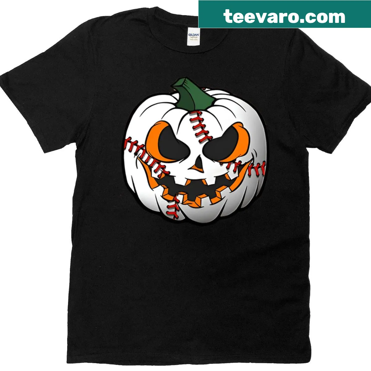 Halloween-themed t-shirt with a baseball pumpkin and jack-o-lantern — on a men's t-shirt