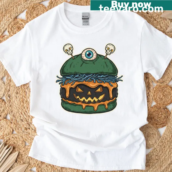 Halloween T-shirt with a graphic of a sloppy burger